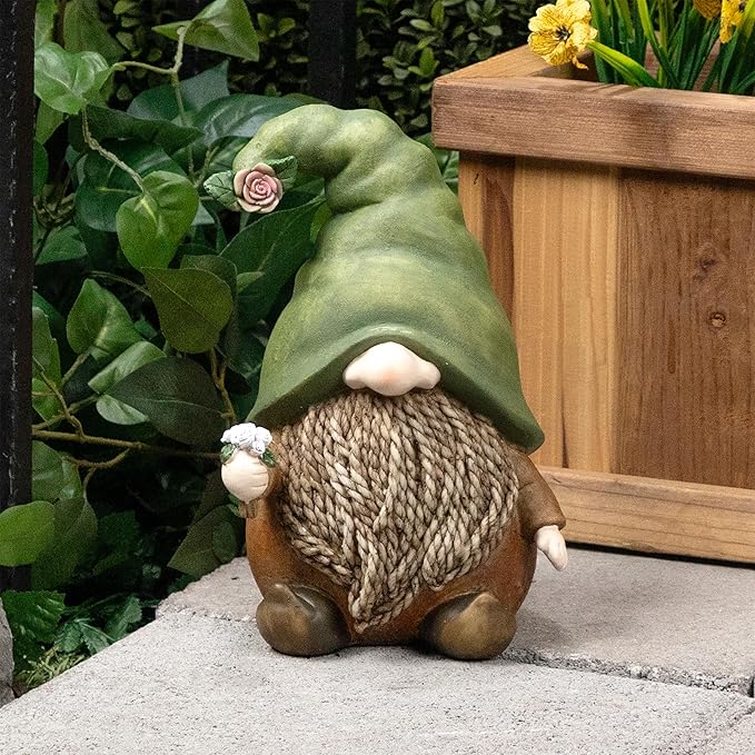 Alpine Corporation QWR1442 Outdoor Gnome with Green Hat Holding a Flower for Garden, Patio, and Lawn, 10" H, Multicolor