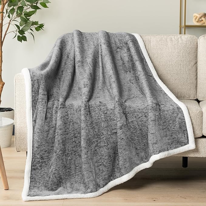 PAVILIA Melange Dark Gray Sherpa Blanket Throw for Couch, Warm Soft Cozy Reversible Blanket Sofa Bed, Thick Plush Large Fleece Car Blanket, Decorative Home Room Decor Gifts Men Women, 50x60 Dark Grey