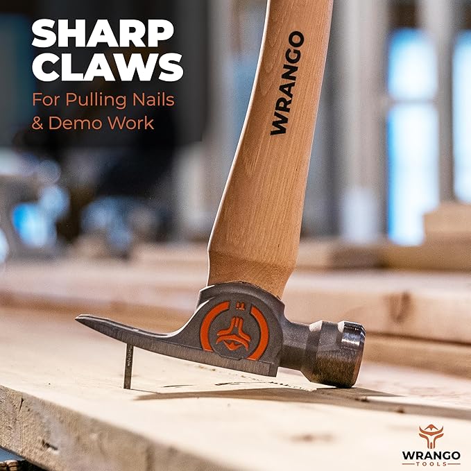 Wrango Tools 14oz Titanium Hammer - Smooth Face Framing Hammer with 38mm Diameter Pole & Curved 17" Hickory Handle for Framing, Roofing, Carpentry & Construction - Magnetic Nail Starter