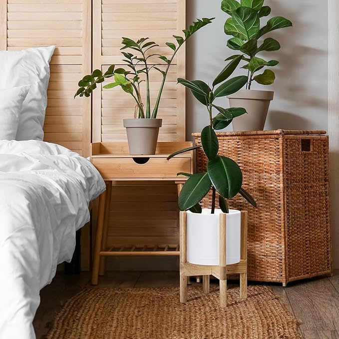 D'vine Dev Planter Pot with Stand - 8 Inch Plastic Cylinder Flower Pot with Wood Planter Holder for Indoor, Matte White Pot + Natural Stand, 55-C-J-1