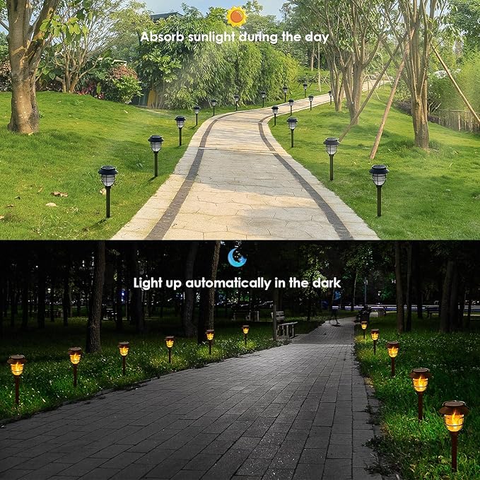 10 Pack Solar Pathway Lights Outdoor - Bright Solar Powered Garden Lights with Flickering Flame, Auto On/Off Waterproof Path Lights Decorative, Landscape Lighting for Yard Patio Walkway Driveway