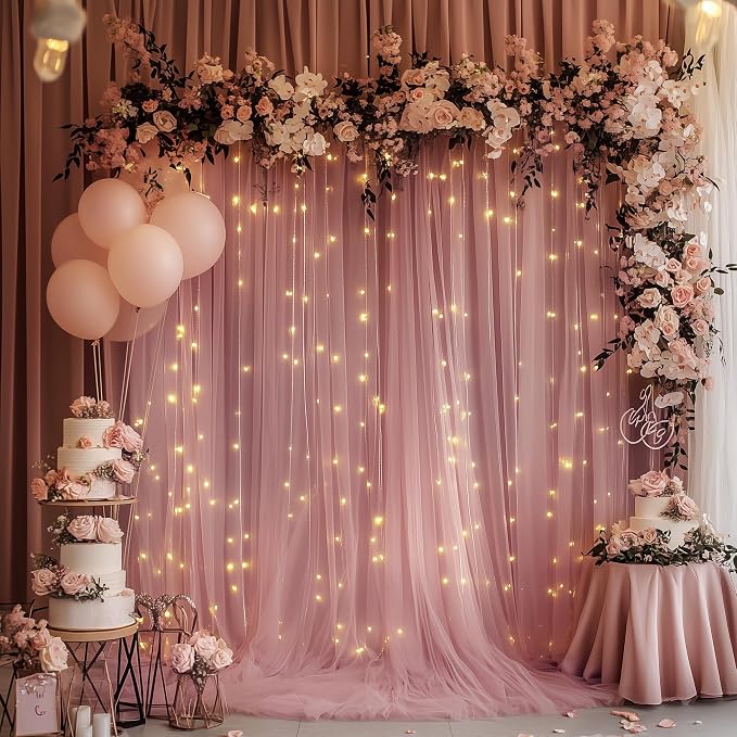 Tulle Backdrop Curtain with Lights String 10FT X 10FT Dusty Rose Sheer Tulle Backdrop Curtains for Wedding Birthday Party Reception Photo Booth Background Decorations (2 Panels 5x10FT)