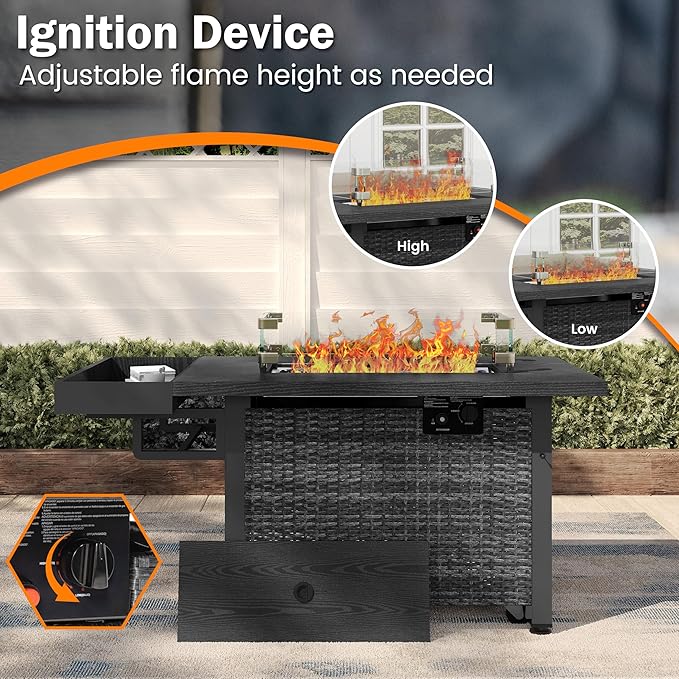 52 Inch Wicker Patio Fire Table, 50,000BTU Propane Fire Pit Table with Glass Wind Guard, Side Basket, Cover, CSA Certified, Outdoor Fire Pit for Garden, Backyard, Balcony, Poolside, Grey