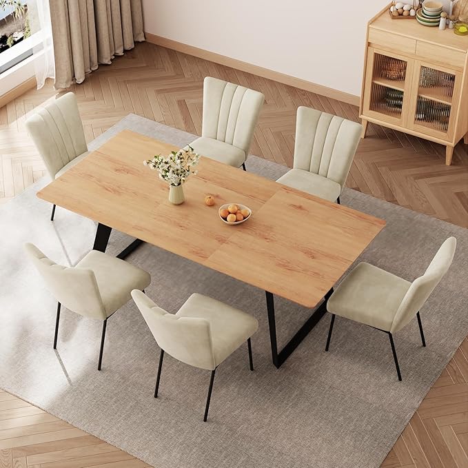 7-Piece Dining Table Set, 51"-67" Extendable Mid-Century Modern Oak Table with 6 Upholstered Chairs, White Fabric Seats, Leather Backrest, Metal Frame, Space-Saving Design for Kitchen & Dining Room