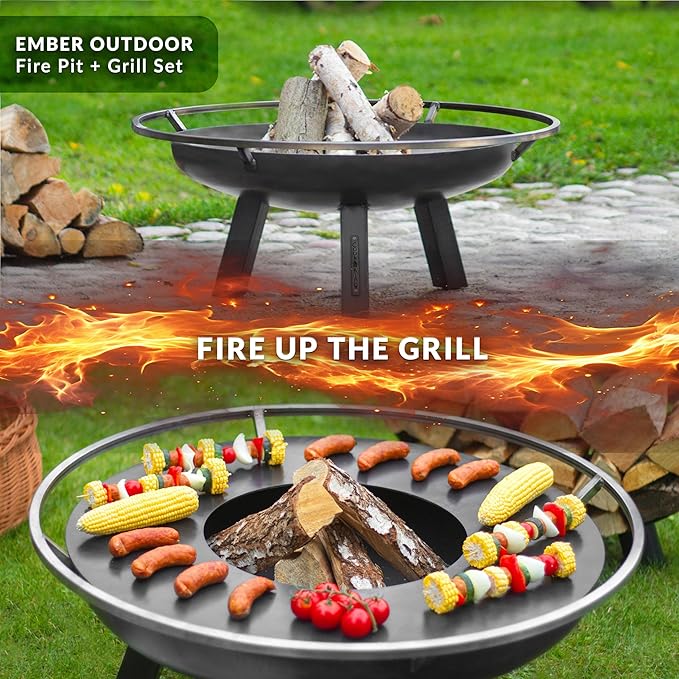 Ember 32" Handcrafted Cooking Fire Pit with Cooking Grill Plate Attachment for Wood Burning Fireplace for Backyard Grilling Campfire for Camping, Large Outdoor Natural Steel Firepit by Good Directions