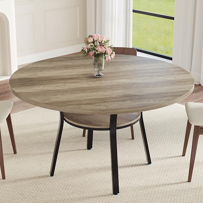 Garvee 47'' Round Dining Table for 4-6 People, Farmhouse Kitchen Dining Table, Round Dinner Table with Storage Shelf for Kitchen, Living Room (Table Only), Grey