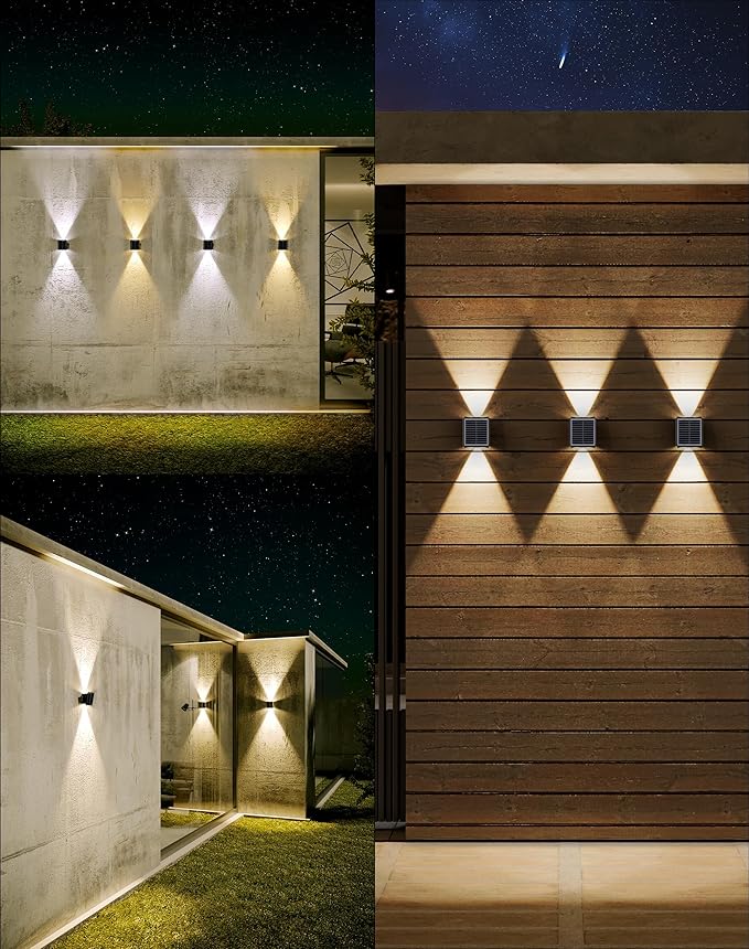 Solar Wall Lights Outdoor 6500K 3000K, 4 Pack 1500mAh Wall Lights Solar Powered, IP65 Outdoor Up and Down Solar Lighting for Wall