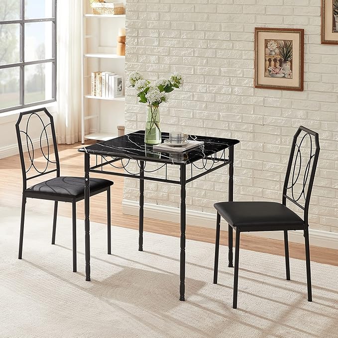 VECELO 3 Piece Dining Table Set for 2, Dinette with Chairs for Kitchen, Breakfast Nook, Small Space,Easy Assembly