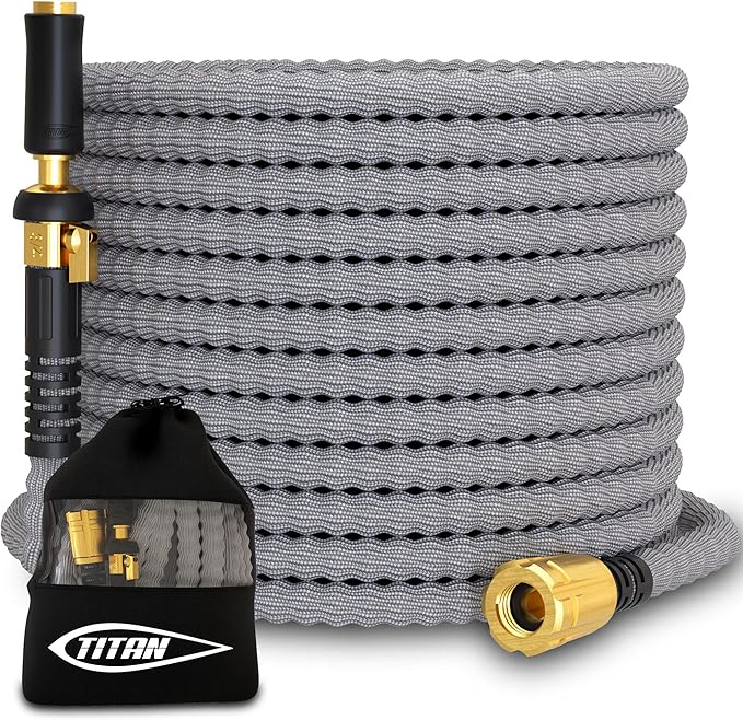 TITAN Flexible Garden Hose 7FT – Ultra Lightweight, Heavy Duty Water Hose with Brass Fittings & Jet Nozzle – Kink-Free, Non-Expanding, Durable Fabric Hose for Yard, Lawn, Car Wash, Outdoor Use