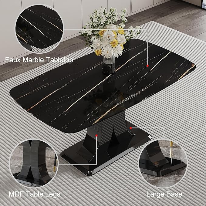 Modern Dining Table Set for 4, Marble Kitchen Table Chair Set for 4, Rectangular Kitchen Table with PU Leather Upholstered Chair for Dining Room (Brown-C)
