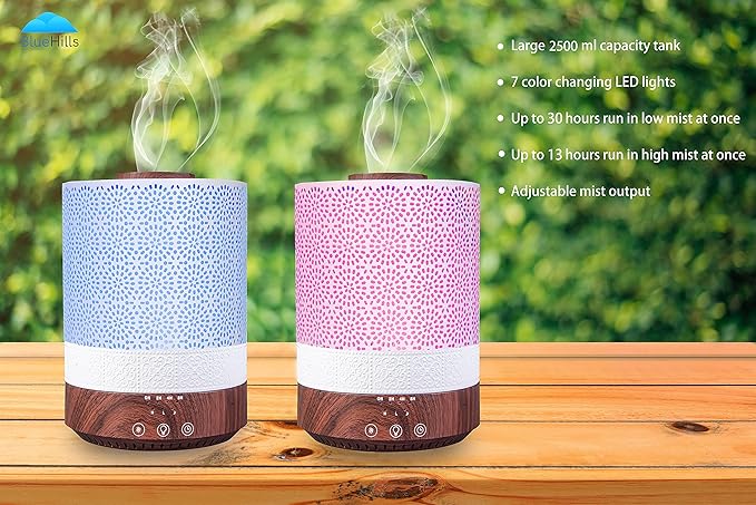 BlueHills Premium Set of Two Large 2500 ML and 4000 ML Tall XL Essential Oil Diffusers Humidifier Combo for Large Room Home with Décor Cover LED Lights Great Gift – Value Pack of Dark Wood Grain.