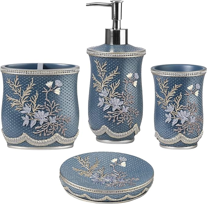 Zahari Home 4pc Capri Bathroom Accessories Sets Modern Classic Soap Dispenser, Tumbler, Tooth Brush Holder and Soap Dish Holder Unique Design Royal Blue Bathroom Set