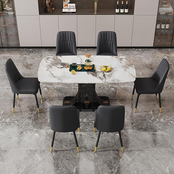 Modern Dining Table Set for 6, Marble Kitchen Table Chair Set for 6, Rectangular Kitchen Table with 6 Pu Leather Upholstered Chair for Dining Room