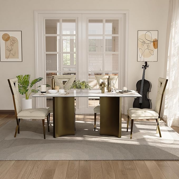 Modern Dining Table for 6, White Sintered Stone Dining Table Top with Brushed Bronze Stainless Steel Base, 70 inch Rectangle Dining Room Table for Home Restaurant (Only Table)