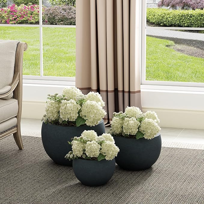Kante 19.9",15.7",11.8" Dia Round Concrete Planter Set of 3, Outdoor/Indoor Large Bowl Plant Pots with Drainage Hole and Rubber Plug for Garden Patio Balcony Home, Dark Gray