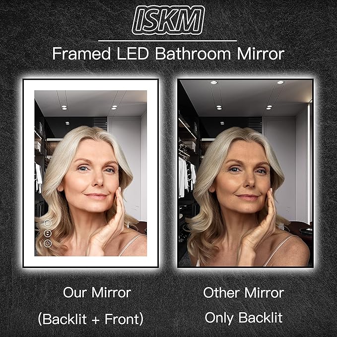 ISKM Framed LED Mirror for Bathroom 60"x40", Dimmable LED Bathroom Mirror with Lights, Anti-Fog, Front and Backlit Lighted Mirror 3-Colors, Shatterproof, Memory Function